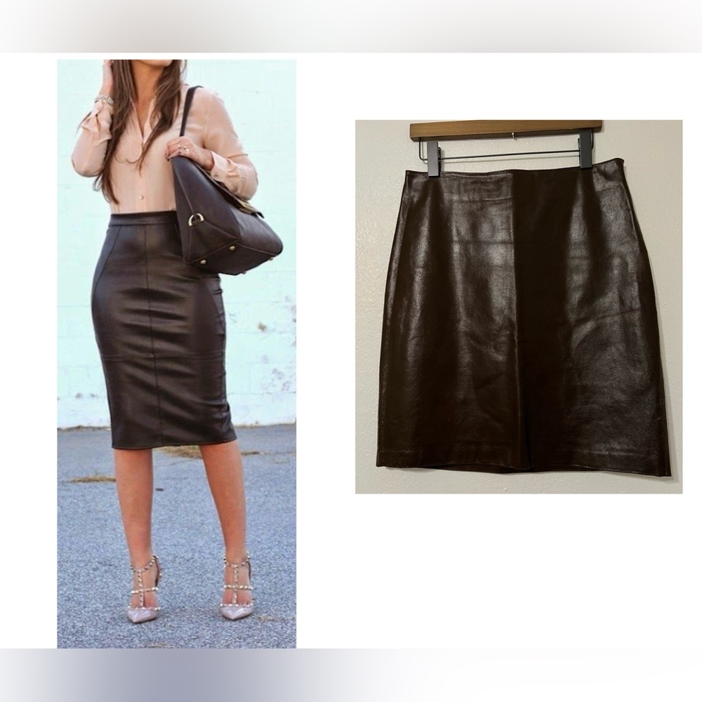 Finity Dark Brown 100% Leather Lined Pencil Skirt Sophisticated Luxury Classic